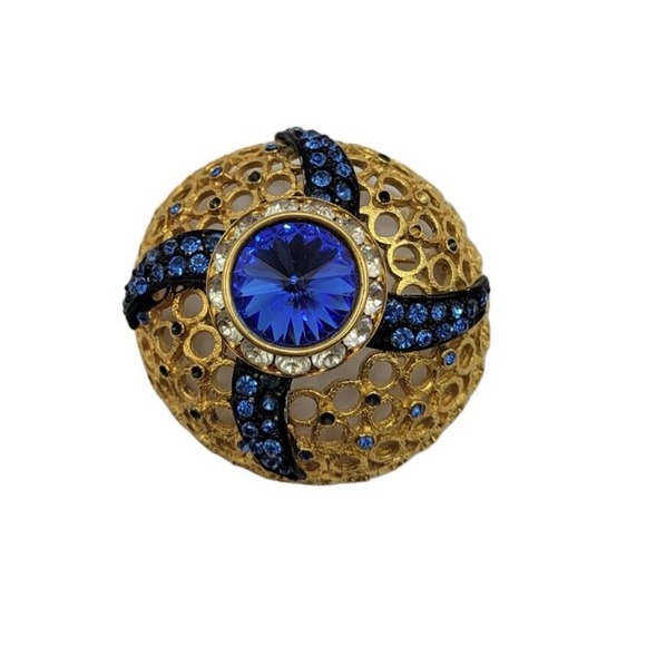 Vintage Coro Gold Tone Blue Rhinestone Dome Shaped Brooch Pin - Picture 1 of 11